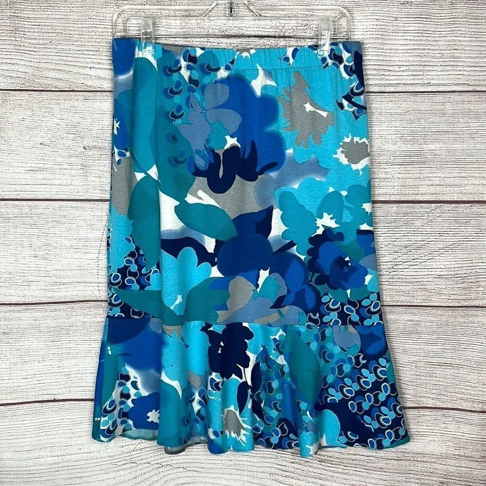 SHEN New York Knit Blue Floral Skirt Elastic Waist